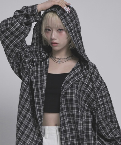 17HR（セブンティーンアワーズ）の「フード付きチェックシャツ（シャツ/ブラウス・レディース・ブラック/ブラウン・FREE）」の11枚目の写真