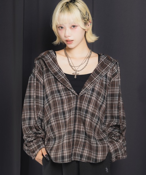 17HR（セブンティーンアワーズ）の「フード付きチェックシャツ（シャツ/ブラウス・レディース・ブラック/ブラウン・FREE）」の9枚目の写真