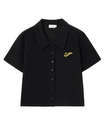 MAYOL（マイヨール）の「プリントテリー半袖ポロカーディガン_ブラック（カーディガン/ボレロ）」