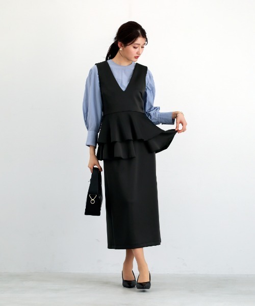 White Collection(ホワイトコレクション)の「【 リラクシーに映える 】 ハイストレッチライトポンチ・ペプラムレイヤードストレートスカート(スカート・レディース・ブラック/ライトベージュ/ネイビー・S/M/L)」の16枚目の写真