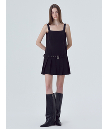 Low Pleats Belt Mini Dress, Black