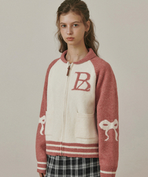 Big logo ribbon knit zip-Up PINK
