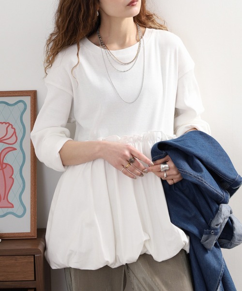 atONE(アットワン)の「ペプラム切替バルーントップス(Tシャツ/カットソー・レディース・オフホワイト/カーキ/ブラック・4L~5L/LL~3L/M-L)」の2枚目の写真