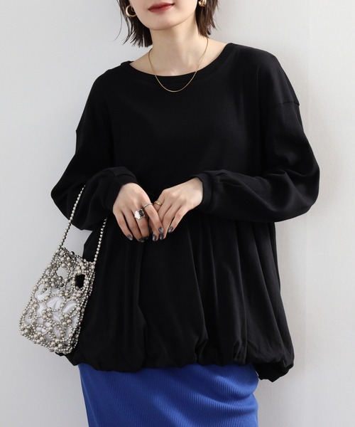 atONE(アットワン)の「ペプラム切替バルーントップス(Tシャツ/カットソー・レディース・オフホワイト/カーキ/ブラック・4L~5L/LL~3L/M-L)」の4枚目の写真