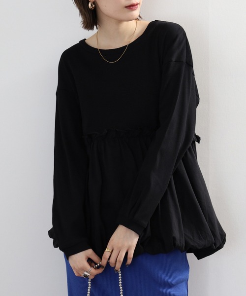 atONE(アットワン)の「ペプラム切替バルーントップス(Tシャツ/カットソー・レディース・オフホワイト/カーキ/ブラック・4L~5L/LL~3L/M-L)」の6枚目の写真