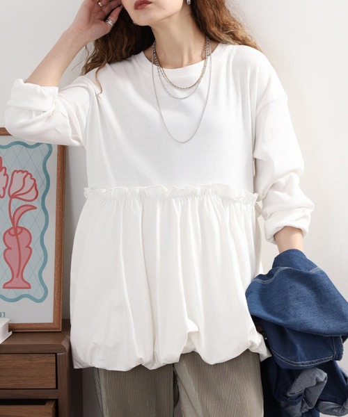 atONE(アットワン)の「ペプラム切替バルーントップス(Tシャツ/カットソー・レディース・オフホワイト/カーキ/ブラック・4L~5L/LL~3L/M-L)」の14枚目の写真