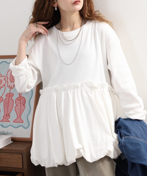 atONE(アットワン)の「ペプラム切替バルーントップス(Tシャツ/カットソー・レディース・オフホワイト/カーキ/ブラック・4L~5L/LL~3L/M-L)」の17枚目の写真