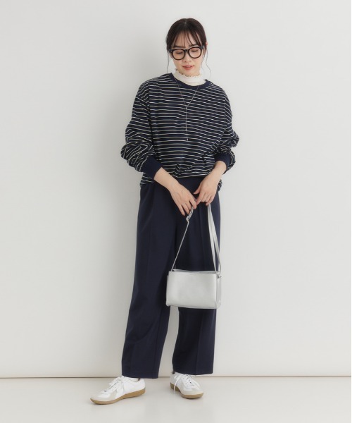 Right-on（ライトオン）の「【HONEYSUCKLE ROSE】マルチボーダーロングTシャツ (トレンドデザイン / リラックスフィット / 通気性抜群 / カジュアルシック)（その他トップス・レディース・ライトベージュ/ダークグリーン/ブラウン・M/L）」の7枚目の写真