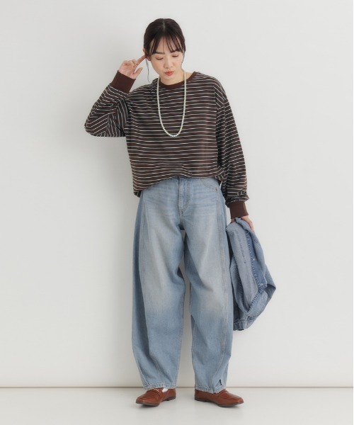 Right-on（ライトオン）の「【HONEYSUCKLE ROSE】マルチボーダーロングTシャツ (トレンドデザイン / リラックスフィット / 通気性抜群 / カジュアルシック)（その他トップス・レディース・ライトベージュ/ダークグリーン/ブラウン・M/L）」の10枚目の写真