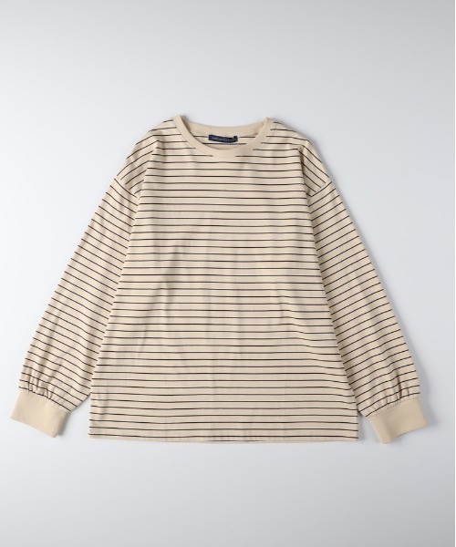 Right-on（ライトオン）の「【HONEYSUCKLE ROSE】マルチボーダーロングTシャツ (トレンドデザイン / リラックスフィット / 通気性抜群 / カジュアルシック)（その他トップス・レディース・ライトベージュ/ダークグリーン/ブラウン・M/L）」の14枚目の写真