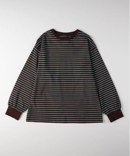 Right-on（ライトオン）の「【HONEYSUCKLE ROSE】マルチボーダーロングTシャツ (トレンドデザイン / リラックスフィット / 通気性抜群 / カジュアルシック)（その他トップス・レディース・ライトベージュ/ダークグリーン/ブラウン・M/L）」の21枚目の写真