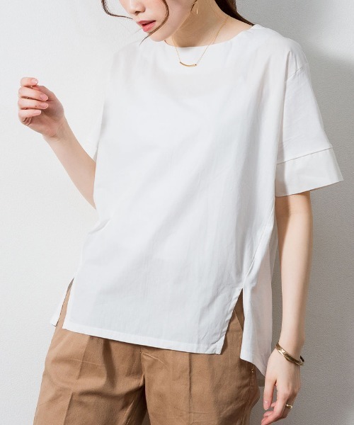 aity(アイティ)の「M-5L 異素材切り替え サイドスリットTシャツ 夏服(Tシャツ/カットソー・レディース・ブラック/オフホワイト・4L~5L/LL~3L/M~L)」の1枚目の写真