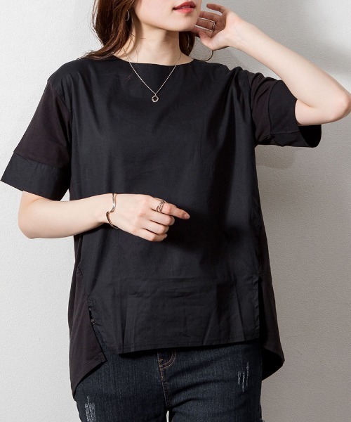aity(アイティ)の「M-5L 異素材切り替え サイドスリットTシャツ 夏服(Tシャツ/カットソー・レディース・ブラック/オフホワイト・4L~5L/LL~3L/M~L)」の2枚目の写真