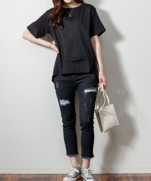 aity(アイティ)の「M-5L 異素材切り替え サイドスリットTシャツ 夏服(Tシャツ/カットソー・レディース・ブラック/オフホワイト・4L~5L/LL~3L/M~L)」の14枚目の写真