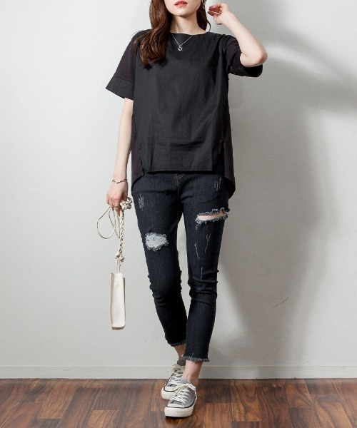 aity(アイティ)の「M-5L 異素材切り替え サイドスリットTシャツ 夏服(Tシャツ/カットソー・レディース・ブラック/オフホワイト・4L~5L/LL~3L/M~L)」の15枚目の写真