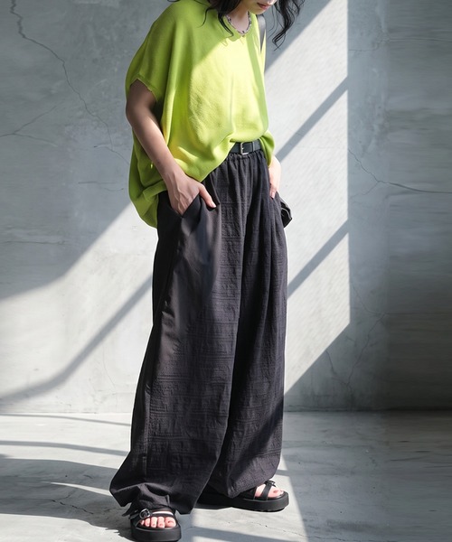 antiqua（アンティカ）の「異素材切替 綿麻 ワイドパンツ（その他パンツ・レディース・オリーブ/ブラック・ONESIZE）」の6枚目の写真