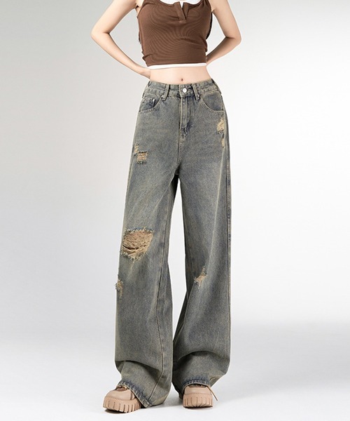 &soiree(アンドソワレ)の「ヴィンテージダメージワイドデニムパンツ(デニムパンツ・レディース・ブルー・SMALL/MEDIUM/LARGE/X-LARGE)」の1枚目の写真