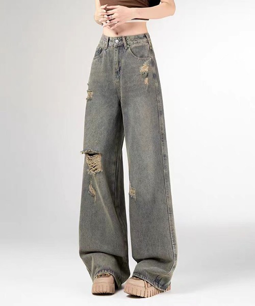 &soiree(アンドソワレ)の「ヴィンテージダメージワイドデニムパンツ(デニムパンツ・レディース・ブルー・SMALL/MEDIUM/LARGE/X-LARGE)」の2枚目の写真