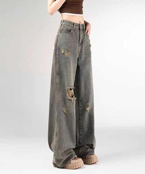 &soiree(アンドソワレ)の「ヴィンテージダメージワイドデニムパンツ(デニムパンツ・レディース・ブルー・SMALL/MEDIUM/LARGE/X-LARGE)」の3枚目の写真