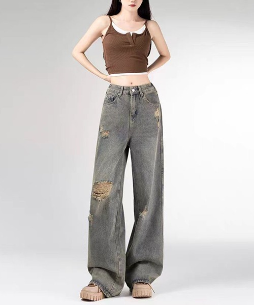 &soiree(アンドソワレ)の「ヴィンテージダメージワイドデニムパンツ(デニムパンツ・レディース・ブルー・SMALL/MEDIUM/LARGE/X-LARGE)」の4枚目の写真