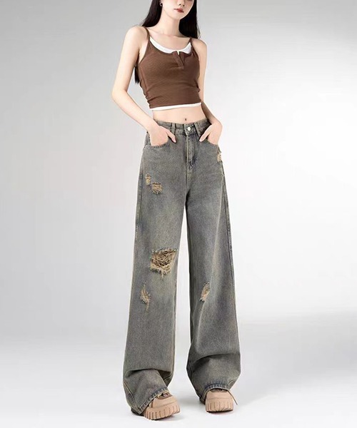 &soiree(アンドソワレ)の「ヴィンテージダメージワイドデニムパンツ(デニムパンツ・レディース・ブルー・SMALL/MEDIUM/LARGE/X-LARGE)」の5枚目の写真