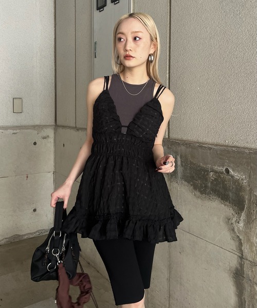 Ameri(アメリ)の「UNEVENNESS CHECK TUNIC TOP(キャミソール・レディース・ライトブルー/ブラック/ライム・FREE)」の10枚目の写真