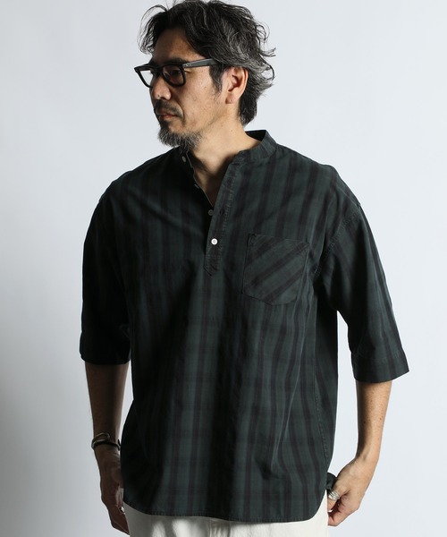 The DUFFER of ST.GEORGE(ザダファーオブセントジョージ)の「GARMENT DYED CHECK STAND COLLAR 3/4 SLEEVE SHIRT:ガーメントダイ スタンドカラー 7分袖チェックシャツ/ 製品染め / ヴィンテージ加工 / コットンシャツ / リラックスシルエット(シャツ/ブラウス・メンズ・ネイビー/オレンジ・LARGE/MEDIUM/SMALL/X-LARGE)」の1枚目の写真