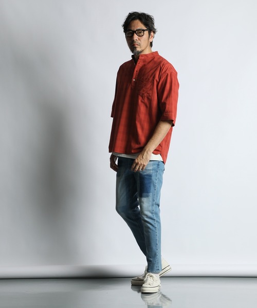 The DUFFER of ST.GEORGE(ザダファーオブセントジョージ)の「GARMENT DYED CHECK STAND COLLAR 3/4 SLEEVE SHIRT:ガーメントダイ スタンドカラー 7分袖チェックシャツ/ 製品染め / ヴィンテージ加工 / コットンシャツ / リラックスシルエット(シャツ/ブラウス・メンズ・ネイビー/オレンジ・LARGE/MEDIUM/SMALL/X-LARGE)」の6枚目の写真