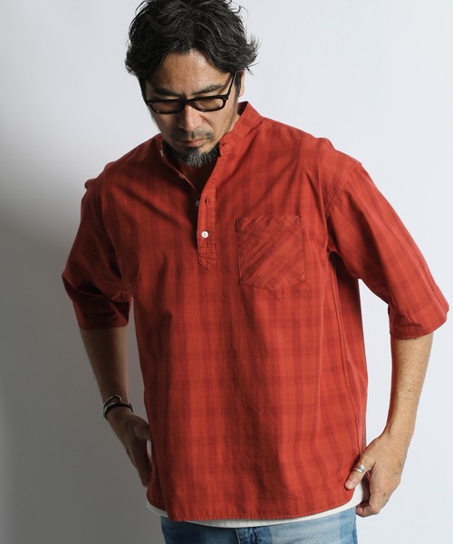 The DUFFER of ST.GEORGE(ザダファーオブセントジョージ)の「GARMENT DYED CHECK STAND COLLAR 3/4 SLEEVE SHIRT:ガーメントダイ スタンドカラー 7分袖チェックシャツ/ 製品染め / ヴィンテージ加工 / コットンシャツ / リラックスシルエット(シャツ/ブラウス・メンズ・ネイビー/オレンジ・LARGE/MEDIUM/SMALL/X-LARGE)」の5枚目の写真