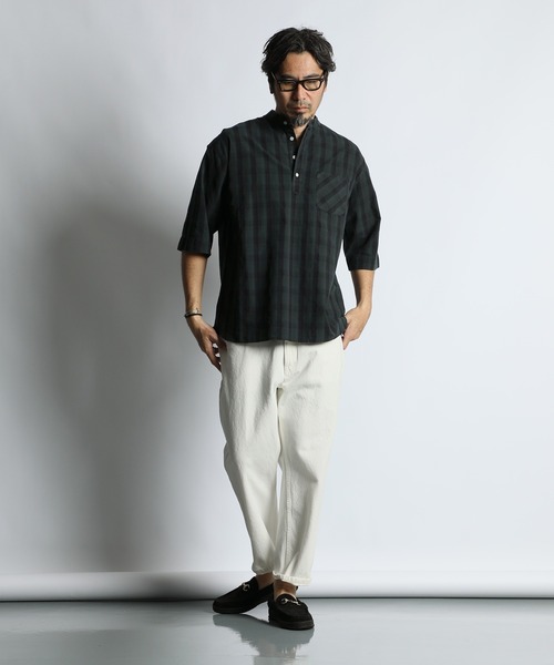 The DUFFER of ST.GEORGE(ザダファーオブセントジョージ)の「GARMENT DYED CHECK STAND COLLAR 3/4 SLEEVE SHIRT:ガーメントダイ スタンドカラー 7分袖チェックシャツ/ 製品染め / ヴィンテージ加工 / コットンシャツ / リラックスシルエット(シャツ/ブラウス・メンズ・ネイビー/オレンジ・LARGE/MEDIUM/SMALL/X-LARGE)」の4枚目の写真
