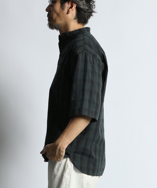 The DUFFER of ST.GEORGE(ザダファーオブセントジョージ)の「GARMENT DYED CHECK STAND COLLAR 3/4 SLEEVE SHIRT:ガーメントダイ スタンドカラー 7分袖チェックシャツ/ 製品染め / ヴィンテージ加工 / コットンシャツ / リラックスシルエット(シャツ/ブラウス・メンズ・ネイビー/オレンジ・LARGE/MEDIUM/SMALL/X-LARGE)」の7枚目の写真