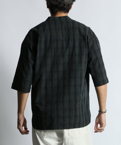 The DUFFER of ST.GEORGE(ザダファーオブセントジョージ)の「GARMENT DYED CHECK STAND COLLAR 3/4 SLEEVE SHIRT:ガーメントダイ スタンドカラー 7分袖チェックシャツ/ 製品染め / ヴィンテージ加工 / コットンシャツ / リラックスシルエット(シャツ/ブラウス・メンズ・ネイビー/オレンジ・LARGE/MEDIUM/SMALL/X-LARGE)」の8枚目の写真