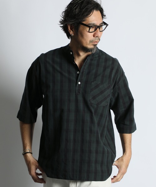 The DUFFER of ST.GEORGE(ザダファーオブセントジョージ)の「GARMENT DYED CHECK STAND COLLAR 3/4 SLEEVE SHIRT:ガーメントダイ スタンドカラー 7分袖チェックシャツ/ 製品染め / ヴィンテージ加工 / コットンシャツ / リラックスシルエット(シャツ/ブラウス・メンズ・ネイビー/オレンジ・LARGE/MEDIUM/SMALL/X-LARGE)」の3枚目の写真