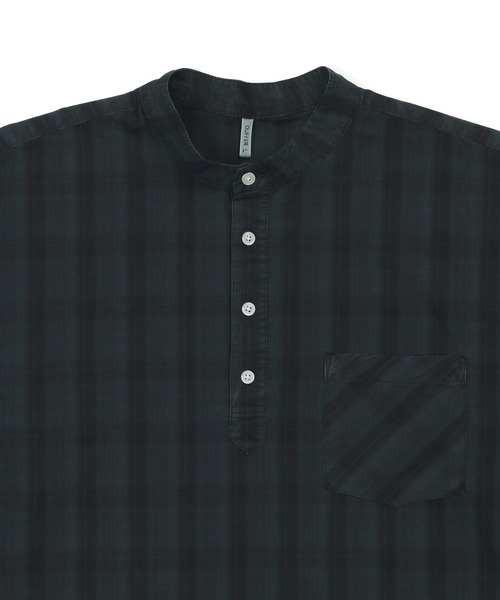 The DUFFER of ST.GEORGE(ザダファーオブセントジョージ)の「GARMENT DYED CHECK STAND COLLAR 3/4 SLEEVE SHIRT:ガーメントダイ スタンドカラー 7分袖チェックシャツ/ 製品染め / ヴィンテージ加工 / コットンシャツ / リラックスシルエット(シャツ/ブラウス・メンズ・ネイビー/オレンジ・LARGE/MEDIUM/SMALL/X-LARGE)」の11枚目の写真