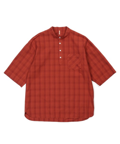 The DUFFER of ST.GEORGE(ザダファーオブセントジョージ)の「GARMENT DYED CHECK STAND COLLAR 3/4 SLEEVE SHIRT:ガーメントダイ スタンドカラー 7分袖チェックシャツ/ 製品染め / ヴィンテージ加工 / コットンシャツ / リラックスシルエット(シャツ/ブラウス・メンズ・ネイビー/オレンジ・LARGE/MEDIUM/SMALL/X-LARGE)」の10枚目の写真