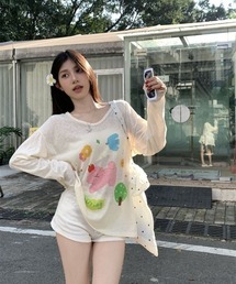 アートプリントオフショルダールーズロンT