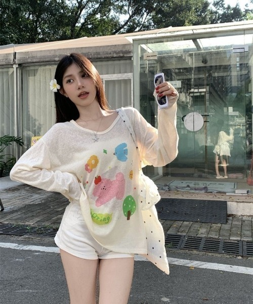セール】アートプリントオフショルダールーズロンT（Tシャツ