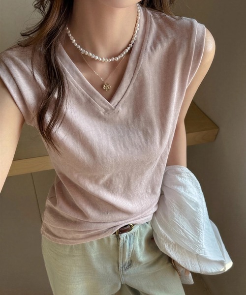 yuue' ( wear )(ユーイ)の「Vネックフレンチスリーブ半袖Tシャツ(Tシャツ/カットソー・レディース・ピンク/ホワイト/ブラック・FREE)」の3枚目の写真