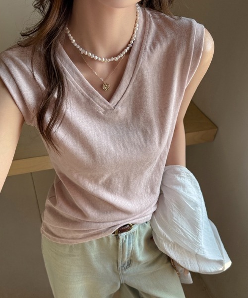 yuue' ( wear )(ユーイ)の「Vネックフレンチスリーブ半袖Tシャツ(Tシャツ/カットソー・レディース・ピンク/ホワイト/ブラック・FREE)」の14枚目の写真