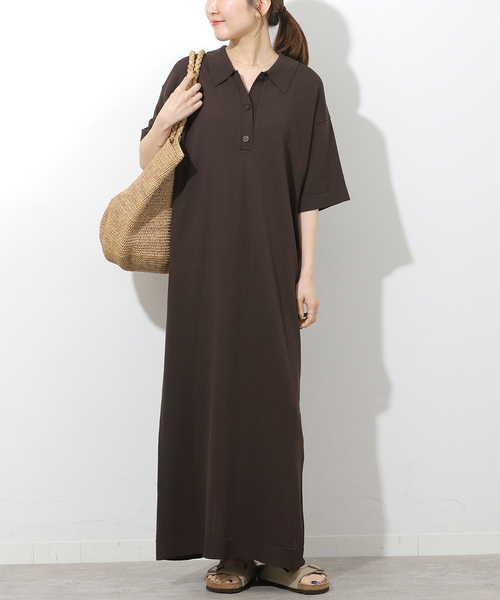 JOURNAL STANDARD relume（ジャーナルスタンダード　レリューム）の「［接触冷感 / UVカット］クールヤーンサマーニットポロシャツワンピース（ワンピース・レディース・ブラウン/ブラック・FREE）」の7枚目の写真