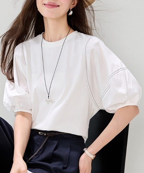 AMAJI(アマジ)の「Tシャツ バルーンスリーブ コットン混 五分袖(Tシャツ/カットソー・レディース・ホワイト・SMALL/MEDIUM/LARGE/X-LARGE)」の1枚目の写真