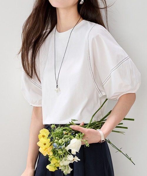 AMAJI(アマジ)の「Tシャツ バルーンスリーブ コットン混 五分袖(Tシャツ/カットソー・レディース・ホワイト・SMALL/MEDIUM/LARGE/X-LARGE)」の3枚目の写真