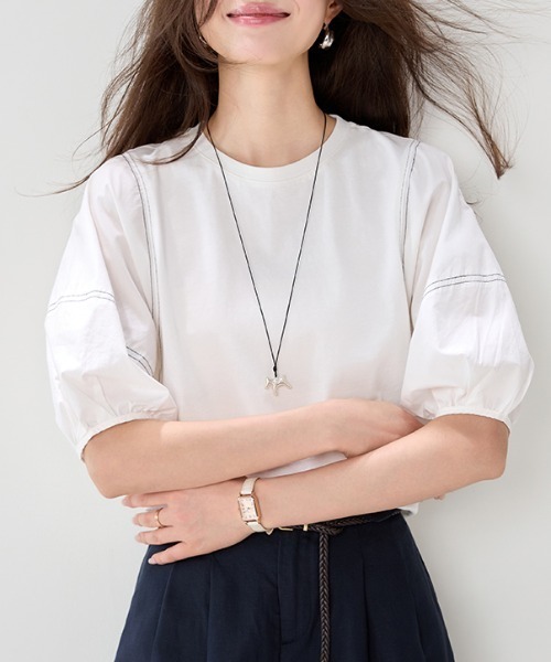 AMAJI(アマジ)の「Tシャツ バルーンスリーブ コットン混 五分袖(Tシャツ/カットソー・レディース・ホワイト・SMALL/MEDIUM/LARGE/X-LARGE)」の4枚目の写真