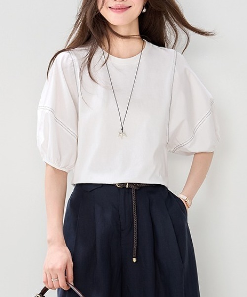AMAJI(アマジ)の「Tシャツ バルーンスリーブ コットン混 五分袖(Tシャツ/カットソー・レディース・ホワイト・SMALL/MEDIUM/LARGE/X-LARGE)」の5枚目の写真