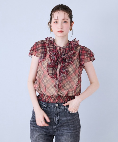 Audie a Muses（オーディアミューズ）の「チェック・デニムプリントフロントフリルブラウス（シャツ/ブラウス・レディース・ベージュ/ネイビー・38/42）」の19枚目の写真