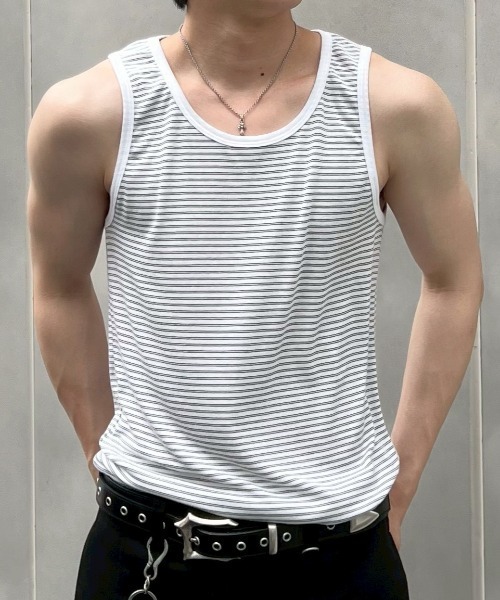 Chikashitsu +(チカシツプラス)の「【Chikashitsu +】border sleeveless (3color) / 【チカシツプラス】ボーダースリーブレス<着用動画あり>(タンクトップ・メンズ・グレー/アイボリー/ブラック・ONE SIZE)」の2枚目の写真