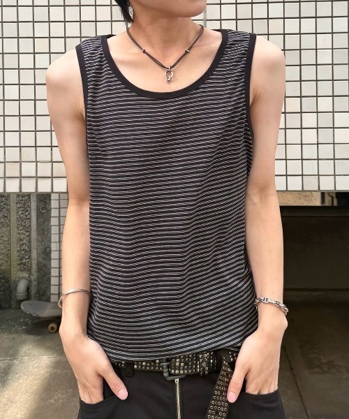 Chikashitsu +(チカシツプラス)の「【Chikashitsu +】border sleeveless (3color) / 【チカシツプラス】ボーダースリーブレス<着用動画あり>(タンクトップ・メンズ・グレー/アイボリー/ブラック・ONE SIZE)」の3枚目の写真