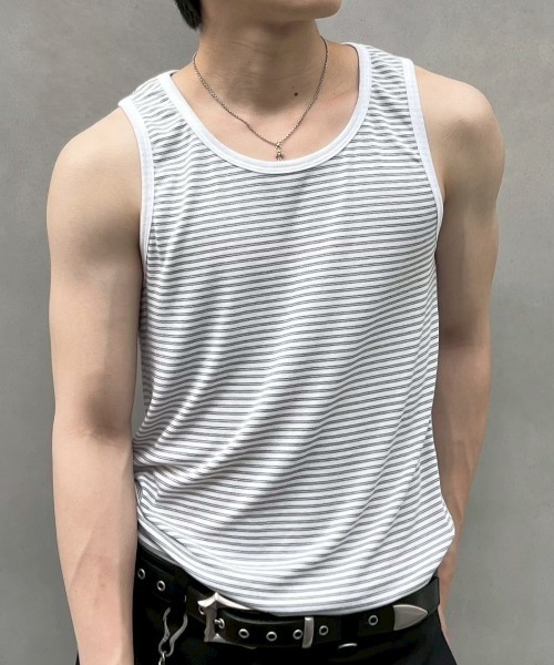Chikashitsu +(チカシツプラス)の「【Chikashitsu +】border sleeveless (3color) / 【チカシツプラス】ボーダースリーブレス<着用動画あり>(タンクトップ・メンズ・グレー/アイボリー/ブラック・ONE SIZE)」の14枚目の写真