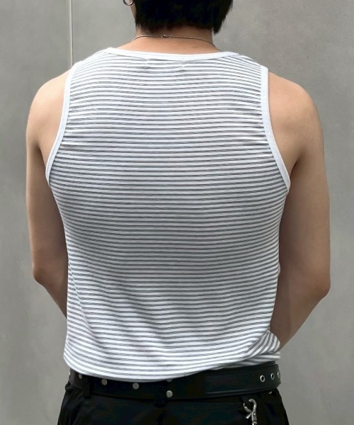 Chikashitsu +(チカシツプラス)の「【Chikashitsu +】border sleeveless (3color) / 【チカシツプラス】ボーダースリーブレス<着用動画あり>(タンクトップ・メンズ・グレー/アイボリー/ブラック・ONE SIZE)」の15枚目の写真