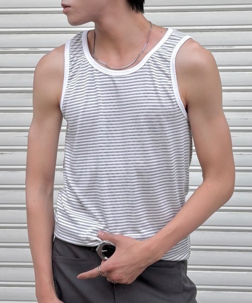 Chikashitsu +(チカシツプラス)の「【Chikashitsu +】border sleeveless (3color) / 【チカシツプラス】ボーダースリーブレス<着用動画あり>(タンクトップ・メンズ・グレー/アイボリー/ブラック・ONE SIZE)」の4枚目の写真